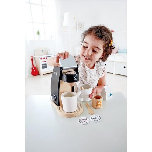  Hape Wooden Black Coffee Maker Kitchen Set with Accessories| Pretend Play Toy Set for Kids Ages 3 Years and Up