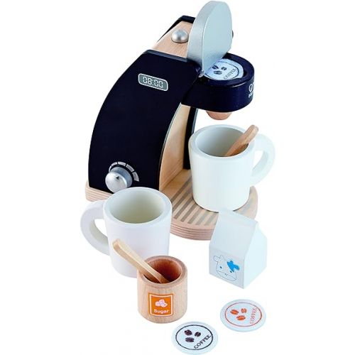  Hape Wooden Black Coffee Maker Kitchen Set with Accessories| Pretend Play Toy Set for Kids Ages 3 Years and Up