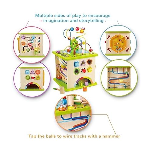  Country Critters Wooden Activity Play Cube by Hape | Wooden Learning Puzzle Toy for Toddlers, 5-Sided Activity Center with Animal Friends, Shapes, Mazes, Wooden Balls, Shape Sorter Blocks and More, 13.78 x 13.78 x 19.69 inches