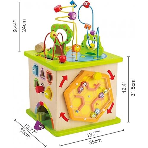  Country Critters Wooden Activity Play Cube by Hape | Wooden Learning Puzzle Toy for Toddlers, 5-Sided Activity Center with Animal Friends, Shapes, Mazes, Wooden Balls, Shape Sorter Blocks and More, 13.78 x 13.78 x 19.69 inches