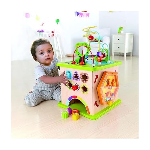  Country Critters Wooden Activity Play Cube by Hape | Wooden Learning Puzzle Toy for Toddlers, 5-Sided Activity Center with Animal Friends, Shapes, Mazes, Wooden Balls, Shape Sorter Blocks and More, 13.78 x 13.78 x 19.69 inches