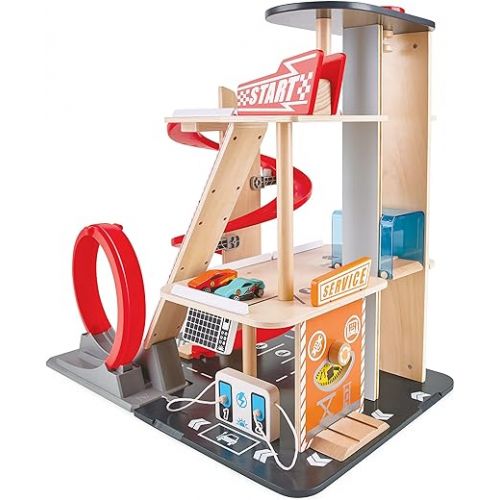  Hape Gearhead Stunt Garage Kids Wooden Toy Car Parking Garage Playset w/Elevator and 2 Exit Tracks, Detachable Loop, Includes 2 Wooden Toy Racecars