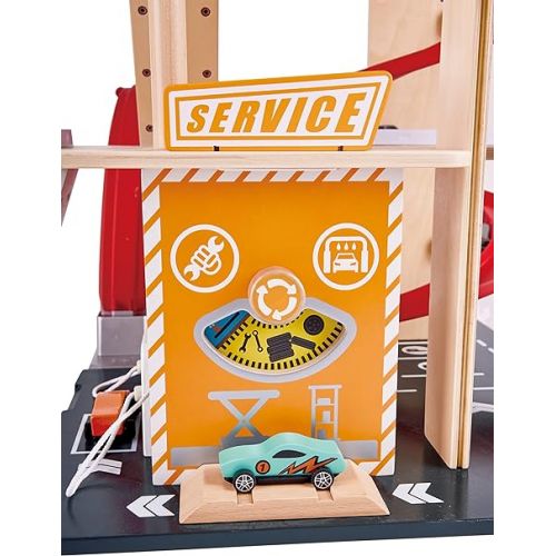  Hape Gearhead Stunt Garage Kids Wooden Toy Car Parking Garage Playset w/Elevator and 2 Exit Tracks, Detachable Loop, Includes 2 Wooden Toy Racecars
