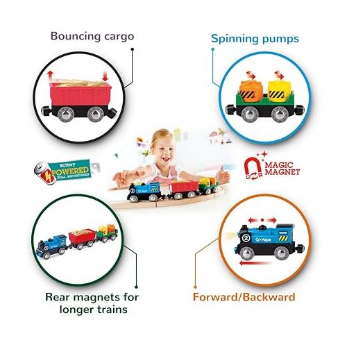  Hape Battery Powered Engine Set | Colorful Wooden Train Set, Battery Operated Locomotive With Working Lamp Multi-color, L: 11.4, W: 1.4, H: 2 inch