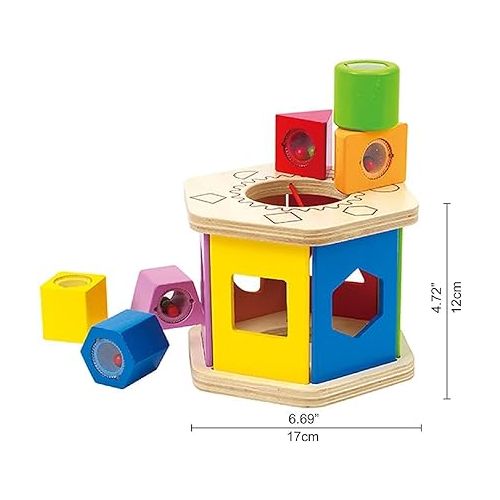  Hape Shake and Match Toddler Wooden Shape Sorter Toy Multicolor, L: 5.9, W: 4.8, H: 6.7 inch