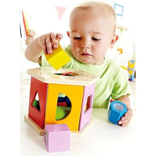  Hape Shake and Match Toddler Wooden Shape Sorter Toy Multicolor, L: 5.9, W: 4.8, H: 6.7 inch