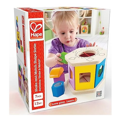  Hape Shake and Match Toddler Wooden Shape Sorter Toy Multicolor, L: 5.9, W: 4.8, H: 6.7 inch