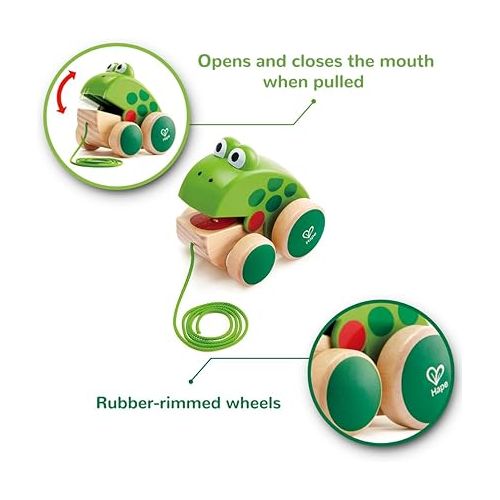  Hape Frog Pull-Along | Wooden Frog Fly Eating Pull Toddler Toy, 4.6 x 3.3 x 3.8 inches, Green