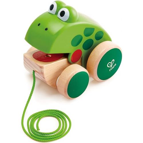  Hape Frog Pull-Along | Wooden Frog Fly Eating Pull Toddler Toy, 4.6 x 3.3 x 3.8 inches, Green