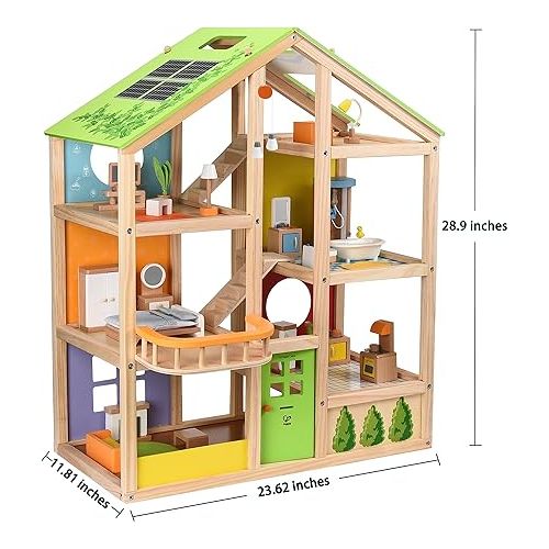  All Seasons Kids Wooden Dollhouse by Hape | Award Winning 3 Story Dolls House Toy with Furniture, Accessories, Movable Stairs and Reversible Season Theme L: 23.6, W: 11.8, H: 28.9 inch