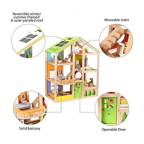  All Seasons Kids Wooden Dollhouse by Hape | Award Winning 3 Story Dolls House Toy with Furniture, Accessories, Movable Stairs and Reversible Season Theme L: 23.6, W: 11.8, H: 28.9 inch