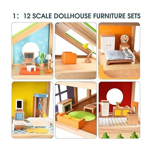  All Seasons Kids Wooden Dollhouse by Hape | Award Winning 3 Story Dolls House Toy with Furniture, Accessories, Movable Stairs and Reversible Season Theme L: 23.6, W: 11.8, H: 28.9 inch