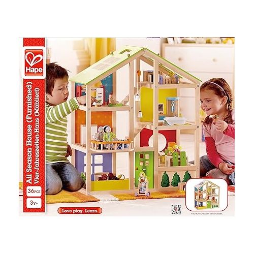  All Seasons Kids Wooden Dollhouse by Hape | Award Winning 3 Story Dolls House Toy with Furniture, Accessories, Movable Stairs and Reversible Season Theme L: 23.6, W: 11.8, H: 28.9 inch