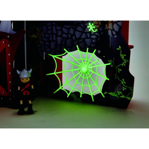  Hape Vikings Castle Dollhouse Play Set| Wooden Folding Dragon Castle Dollhouse with Magic Accessories, Glow in The Dark Spider Web, Dragon Egg and Action Figures