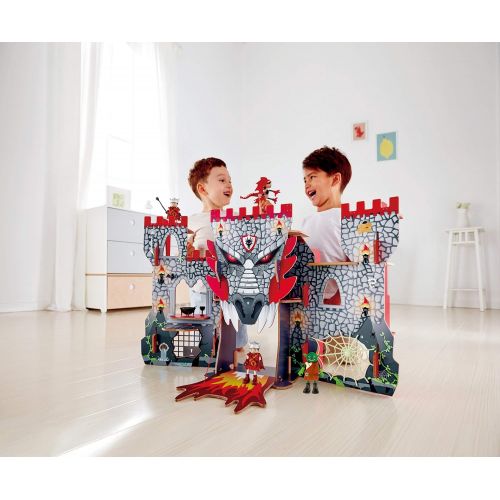  Hape Vikings Castle Dollhouse Play Set| Wooden Folding Dragon Castle Dollhouse with Magic Accessories, Glow in The Dark Spider Web, Dragon Egg and Action Figures