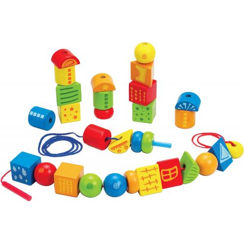  Hape String-Along Shapes | Classic 32 Piece Wooden Block Stacking Game, Multi-Colored Lacing Toy