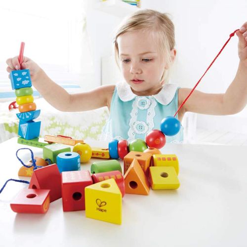  Hape String-Along Shapes | Classic 32 Piece Wooden Block Stacking Game, Multi-Colored Lacing Toy