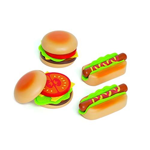  Hape Hamburger and Hot Dogs Wooden Play Kitchen Food Set with Accessories