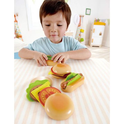  Hape Hamburger and Hot Dogs Wooden Play Kitchen Food Set with Accessories