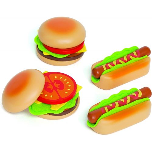  Hape Hamburger and Hot Dogs Wooden Play Kitchen Food Set with Accessories