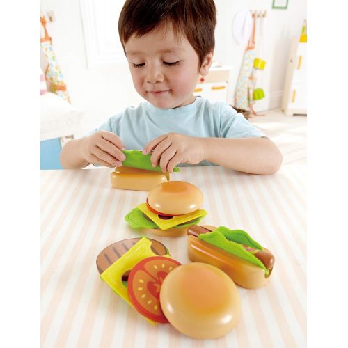  Hape Hamburger and Hot Dogs Wooden Play Kitchen Food Set with Accessories