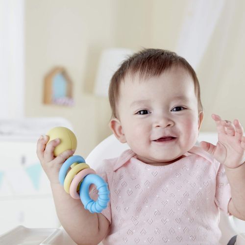  Hape Rattling Rings Teether | Movable Teething & Rattle Shake Toy for Babies, Soft Colors