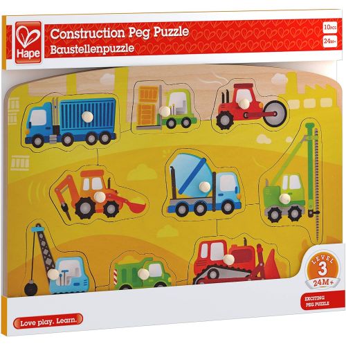  Hape Construction Peg Puzzle| 10 Piece Wooden Peg Jigsaw Puzzle Game, Learning Toy for Toddlers