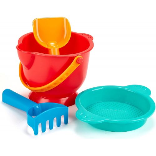  Hape Beach Basics Sand Toy Set Including Bucket Sifter, Rake, and Shovel Toys, Multicolor