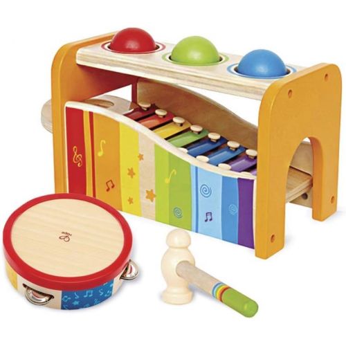  Hape Pound, Tap, & Shake! Music Set - Award Winning Wooden Pounding Bench, Baby Xylophone, and Tap Along Tambourine - Developmental, Non-Toxic, Montessori Musical Toys for Toddlers