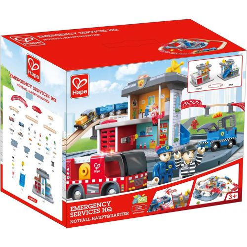  Hape Emergency Services HQ | 2-in-1 Police and Fire Station Complete Play Set with Vehicles and Action Figures