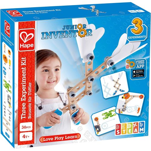  Hape Three Experiment Kit | Junior Inventor Kids Physics Mechanical Crane, Grabber & Climbing Frog Play Set for Children Aged Four & Up