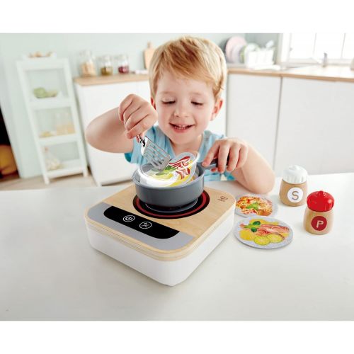  Hape Fun Fan Fryer | Wooden Tabletop Stove with Fan, Kitchen Playset for Preschoolers, Includes Salt and Pepper Shakers, Six Recipes and More, (Model: E3164)