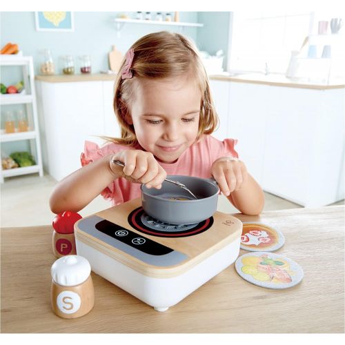  Hape Fun Fan Fryer | Wooden Tabletop Stove with Fan, Kitchen Playset for Preschoolers, Includes Salt and Pepper Shakers, Six Recipes and More, (Model: E3164)