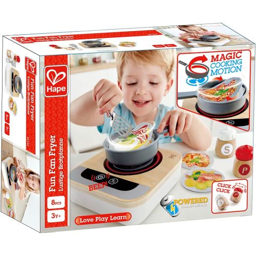  Hape Fun Fan Fryer | Wooden Tabletop Stove with Fan, Kitchen Playset for Preschoolers, Includes Salt and Pepper Shakers, Six Recipes and More, (Model: E3164)