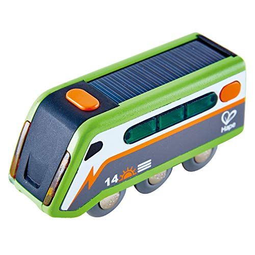  Hape Solar Powered Train | Multi-Colored Train Engine Toy, Railway Track Accessory, Solar Panel Powers Lights, Includes Electricity Level Indicator, Sustainable Play for Kids