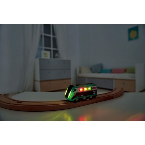  Hape Solar Powered Train | Multi-Colored Train Engine Toy, Railway Track Accessory, Solar Panel Powers Lights, Includes Electricity Level Indicator, Sustainable Play for Kids