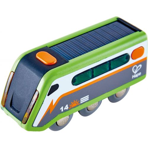  Hape Solar Powered Train | Multi-Colored Train Engine Toy, Railway Track Accessory, Solar Panel Powers Lights, Includes Electricity Level Indicator, Sustainable Play for Kids