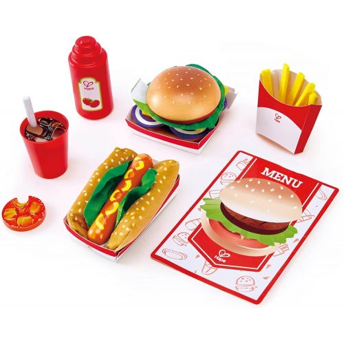  Hape Fast Food Set |Wooden Diner Fast Food Toy Set, Classic American Meal for Pretend Play Includes Burger, French Fries, Hotdogs & Cola