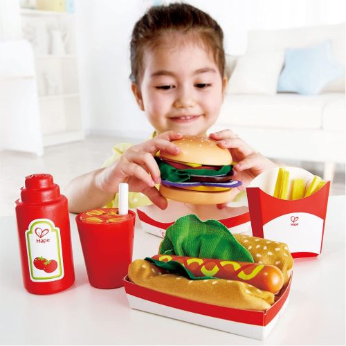  Hape Fast Food Set |Wooden Diner Fast Food Toy Set, Classic American Meal for Pretend Play Includes Burger, French Fries, Hotdogs & Cola