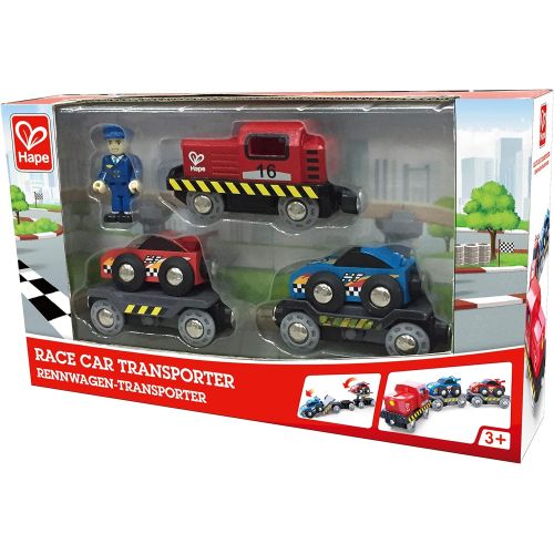  Hape Race Car Transporter | Six-Piece Wooden Toy Train Car Transport Set for Kids