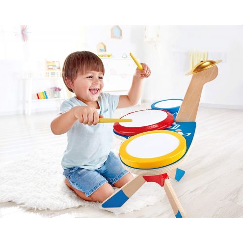  Hape Drum and Cymbal Set | Toddlers Wooden Drum and Cymbal Musical Instrument Set with Two Drum Sticks