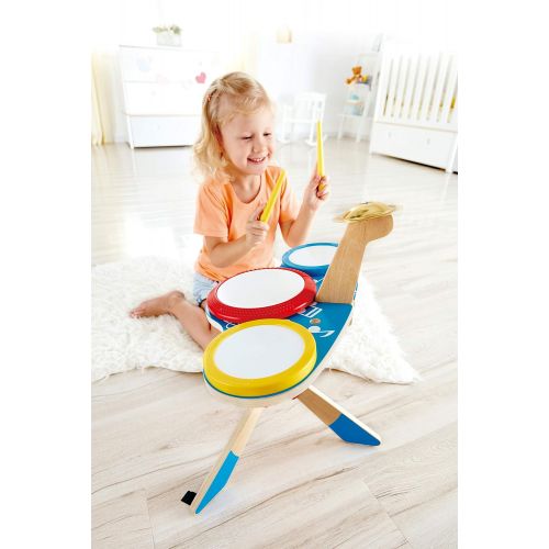  Hape Drum and Cymbal Set | Toddlers Wooden Drum and Cymbal Musical Instrument Set with Two Drum Sticks