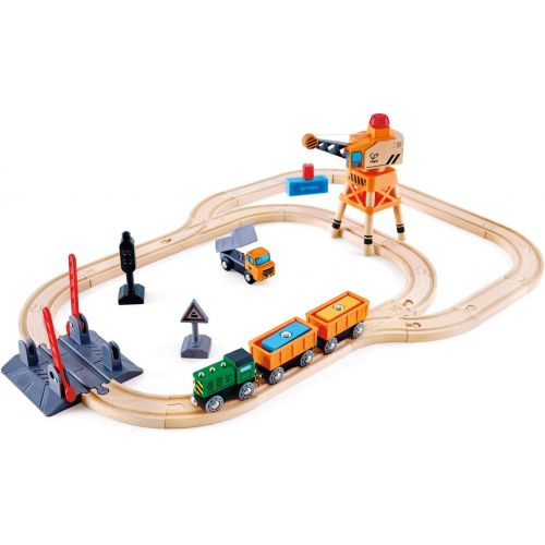  Hape Crossing & Crane Set | 32-Piece Wooden Railway Cargo Playset for Kids