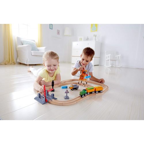  Hape Crossing & Crane Set | 32-Piece Wooden Railway Cargo Playset for Kids