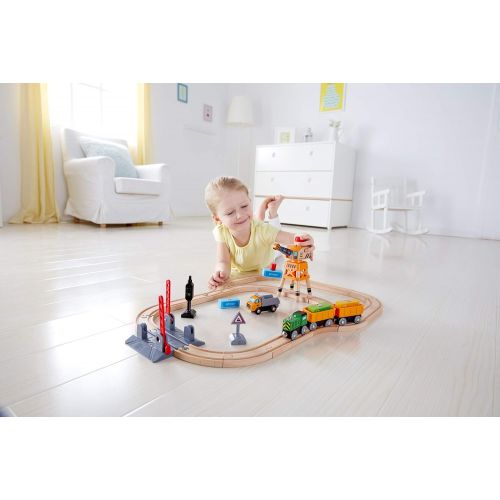  Hape Crossing & Crane Set | 32-Piece Wooden Railway Cargo Playset for Kids