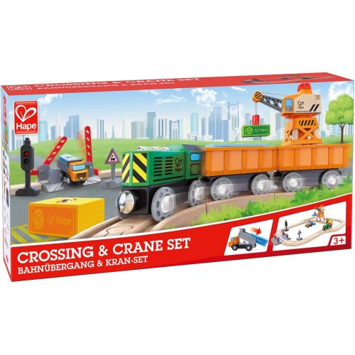  Hape Crossing & Crane Set | 32-Piece Wooden Railway Cargo Playset for Kids