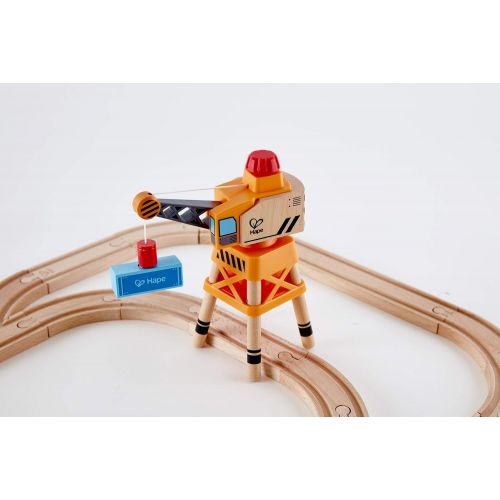  Hape Crossing & Crane Set | 32-Piece Wooden Railway Cargo Playset for Kids