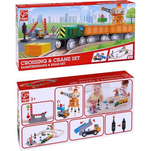  Hape Crossing & Crane Set | 32-Piece Wooden Railway Cargo Playset for Kids