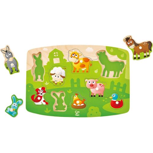  Hape Farmyard Peg Puzzle | 10 Piece Wooden Animal Peg Jigsaw Puzzle Game, Learning Toy for Toddlers