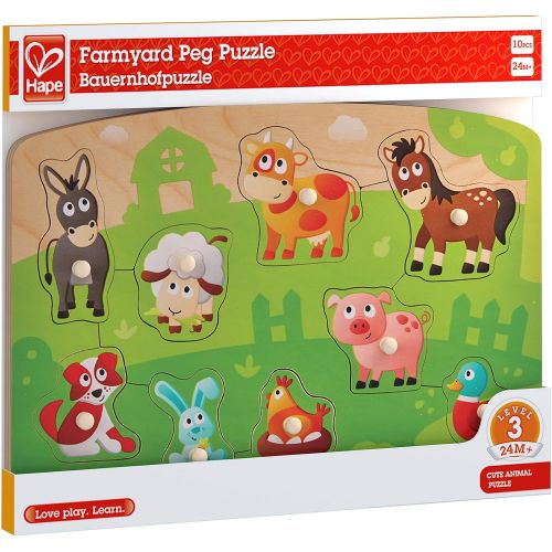  Hape Farmyard Peg Puzzle | 10 Piece Wooden Animal Peg Jigsaw Puzzle Game, Learning Toy for Toddlers